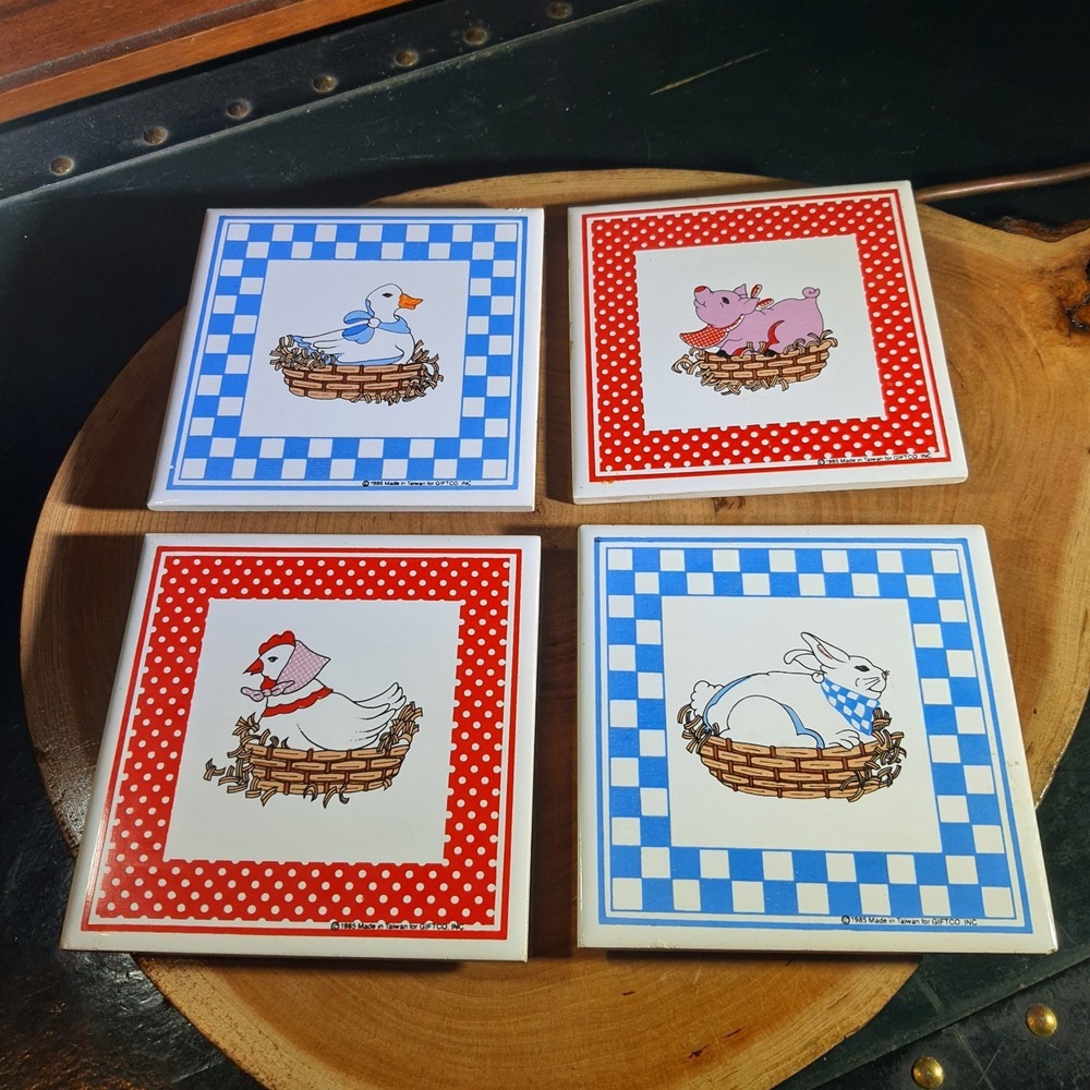 Vintage Cathay Tile 4.5" Country Farm Animal Checker Decor Pig Goose Rabbit Hen